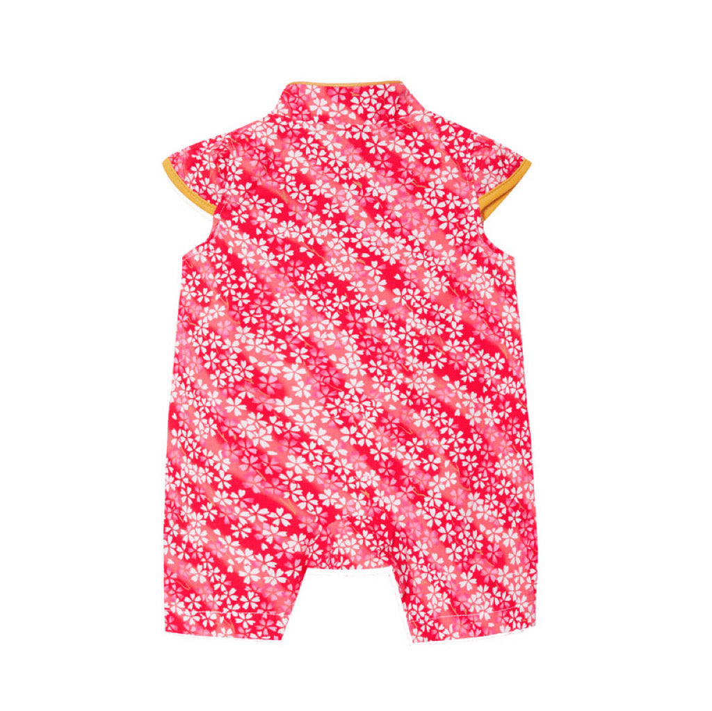 Baby Girl Cheongsam Romper Red n Pink Stripes White Flowers - quixoticmuses