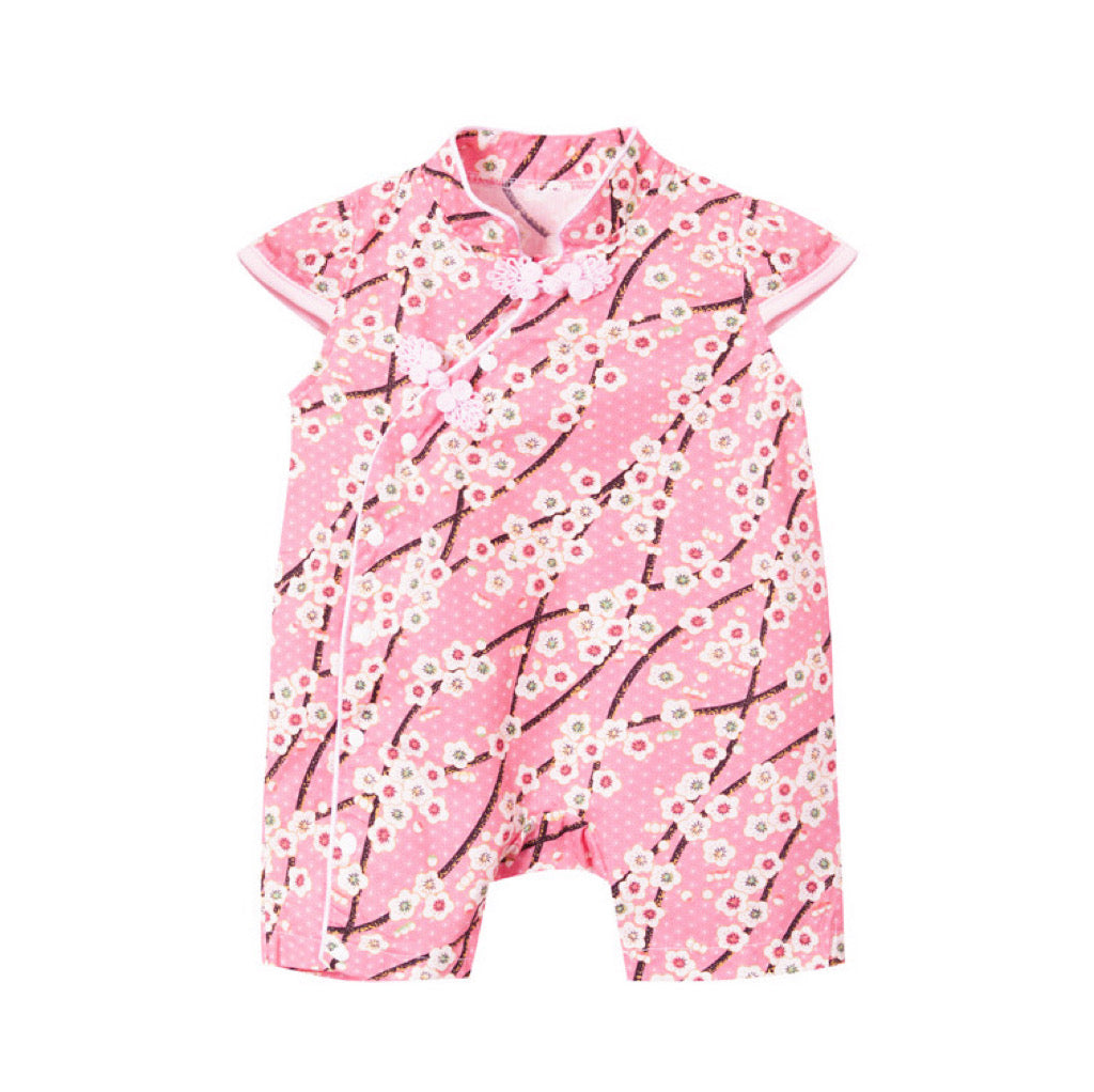 Baby Girl Cheongsam Romper Pink w White Plum Flowers - quixoticmuses