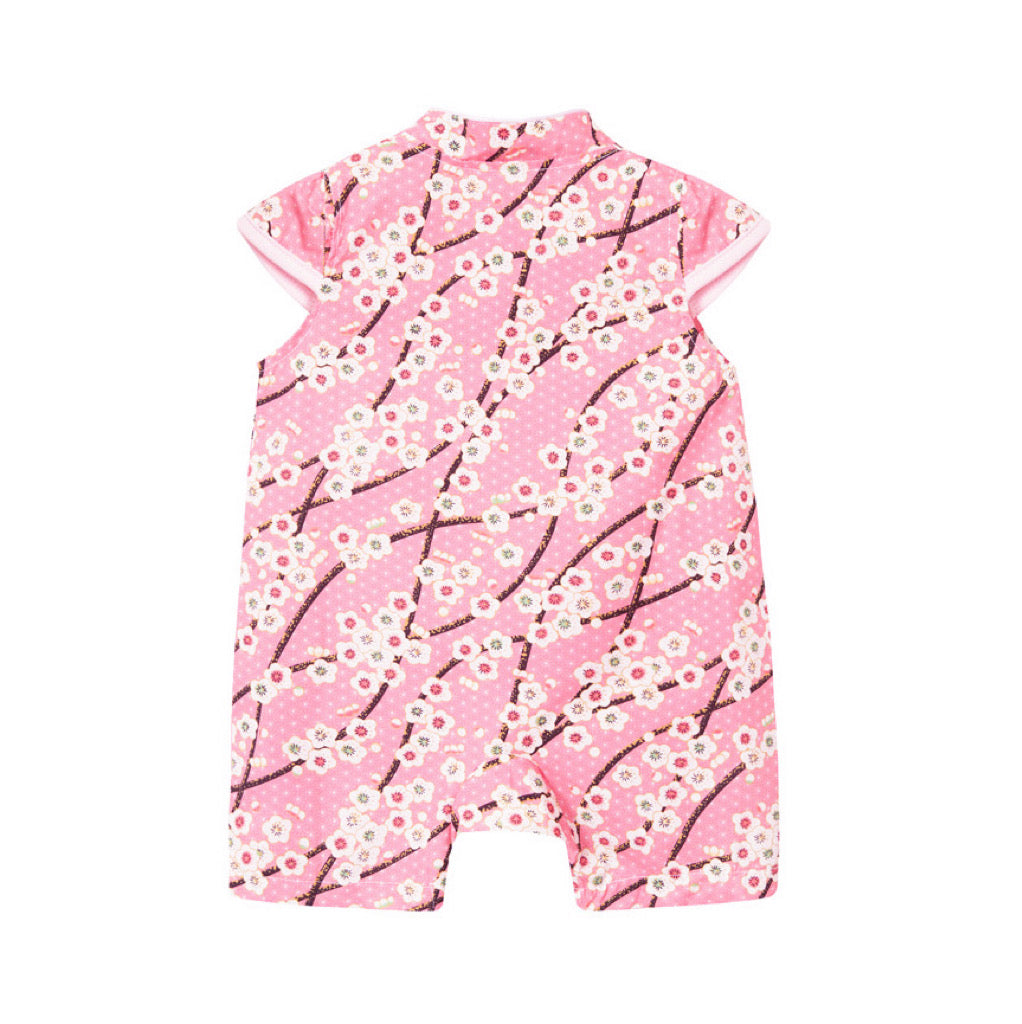 Baby Girl Cheongsam Romper Pink w White Plum Flowers - quixoticmuses