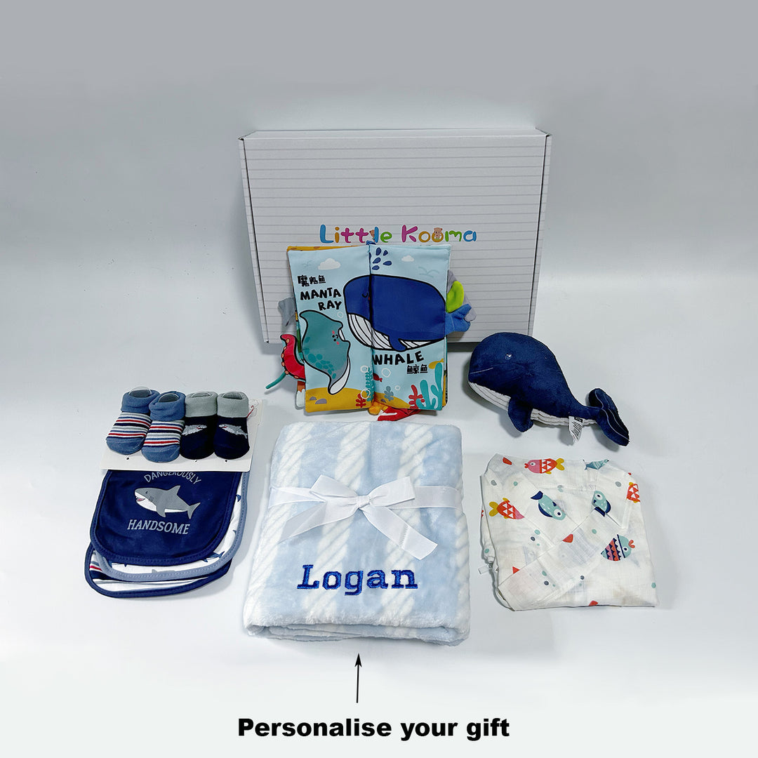 Personalised New Born Baby Boy quixoticmuses Brand Gift Box 14 Pcs Whale Shark Ocean Set - quixoticmuses