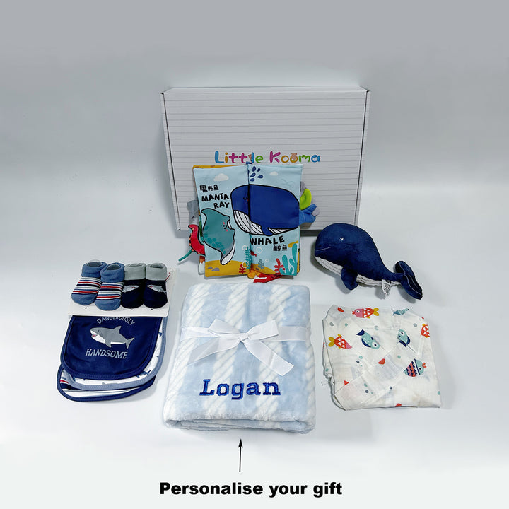 Personalised New Born Baby Boy quixoticmuses Brand Gift Box 14 Pcs Whale Shark Ocean Set - quixoticmuses