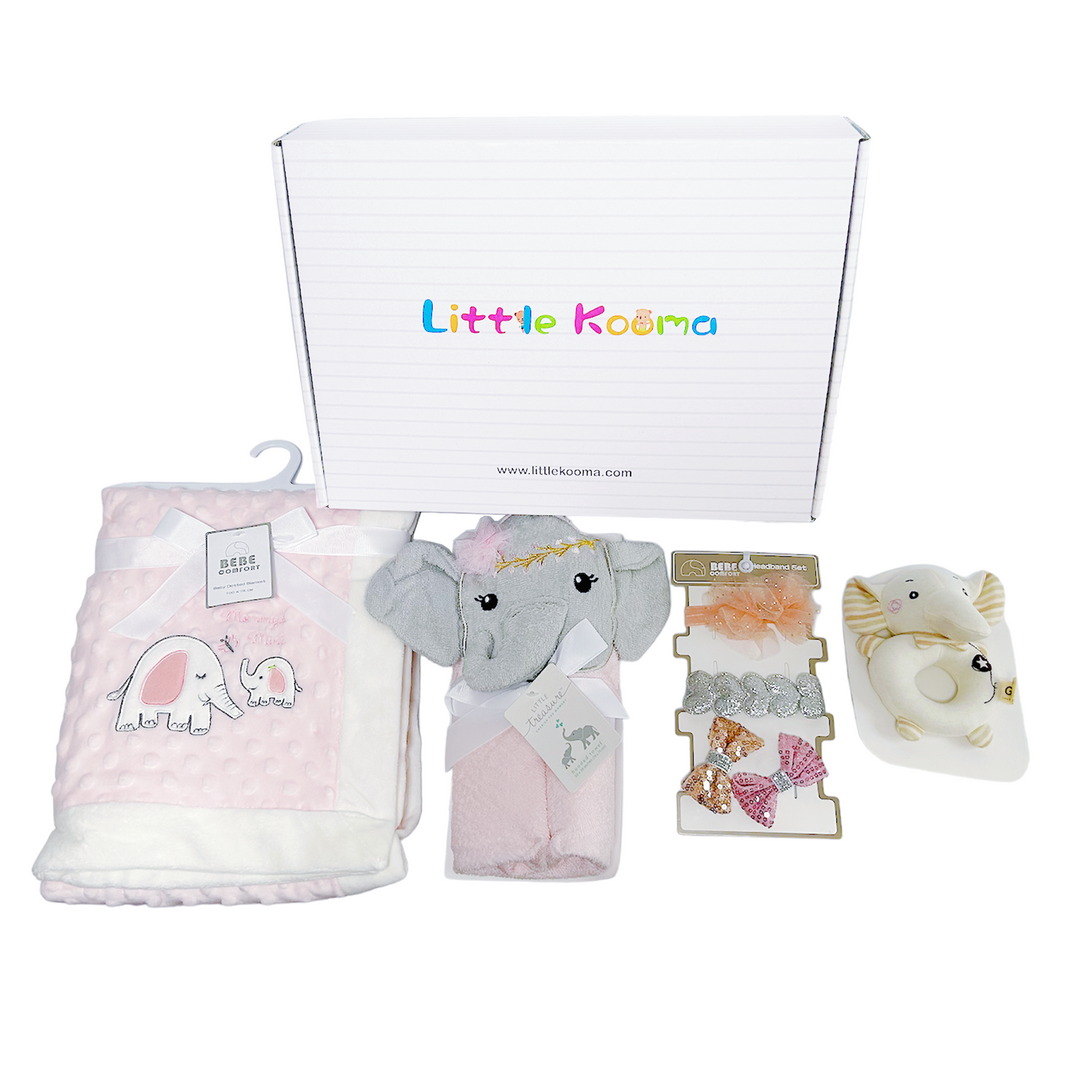 New Born Baby Girl quixoticmuses Brand Gift Box Pink Elephant Dotted Blanket Hooded Towel Hand Rattle Set - quixoticmuses