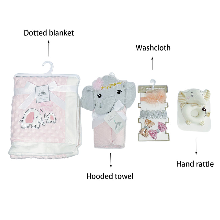 New Born Baby Girl quixoticmuses Brand Gift Box Pink Elephant Dotted Blanket Hooded Towel Hand Rattle Set - quixoticmuses