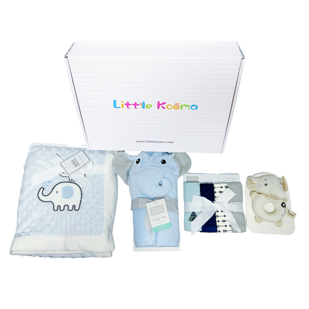 New Born Baby Boy quixoticmuses Brand Gift Box Blue Elephant Dotted Blanket Hooded Towel Hand Rattle Set - quixoticmuses