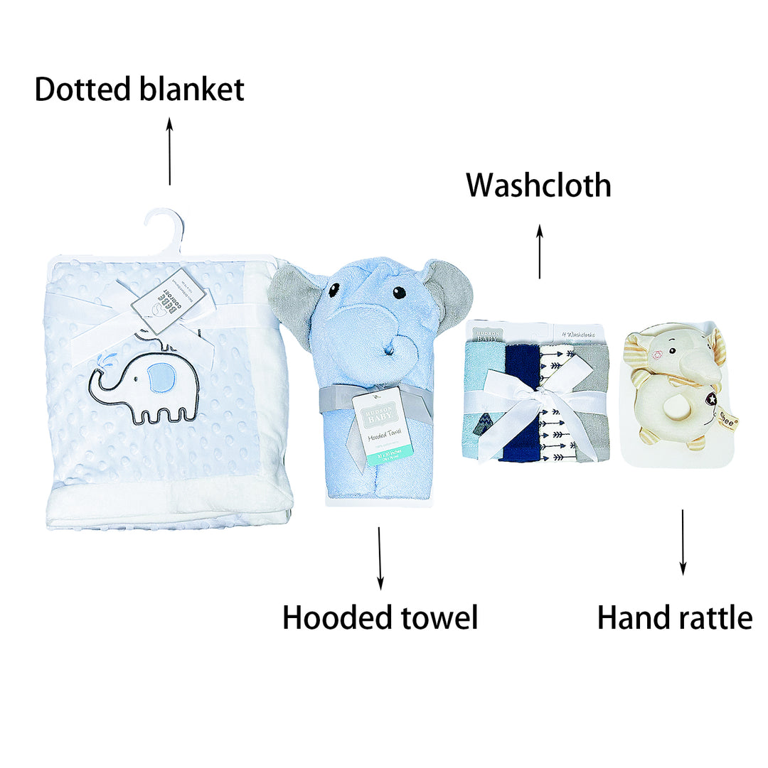 New Born Baby Boy quixoticmuses Brand Gift Box Blue Elephant Dotted Blanket Hooded Towel Hand Rattle Set - quixoticmuses