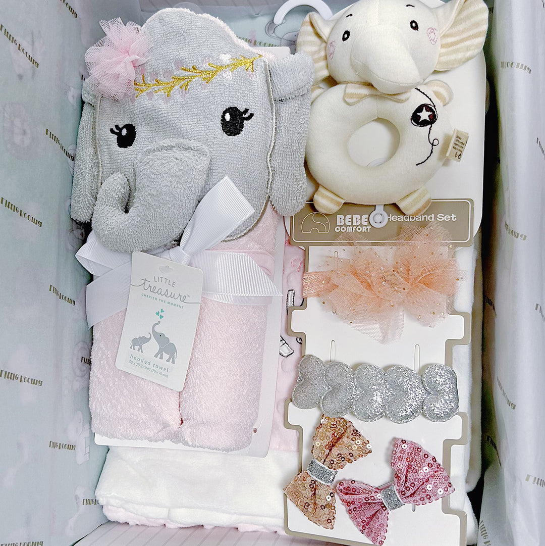 New Born Baby Girl quixoticmuses Brand Gift Box Pink Elephant Dotted Blanket Hooded Towel Hand Rattle Set - quixoticmuses