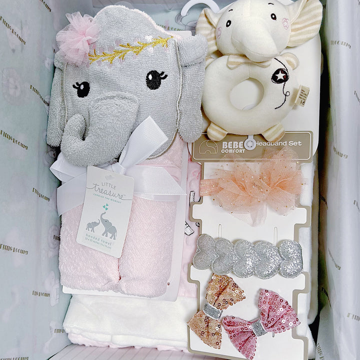 New Born Baby Girl quixoticmuses Brand Gift Box Pink Elephant Dotted Blanket Hooded Towel Hand Rattle Set - quixoticmuses