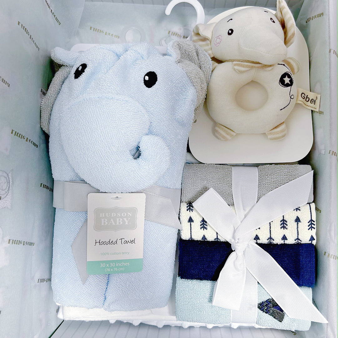 New Born Baby Boy quixoticmuses Brand Gift Box Blue Elephant Dotted Blanket Hooded Towel Hand Rattle Set - quixoticmuses