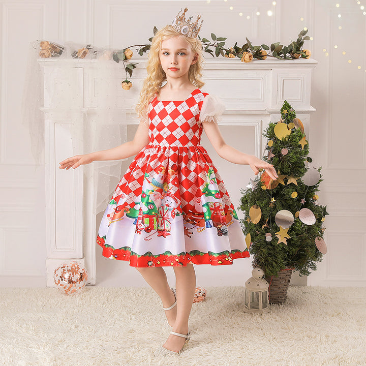 Kids Girls White Puff Sleeves Dress Red Checkers Santa Snowman Santa Sleigh Elk Christmas Outfit w Zip - quixoticmuses