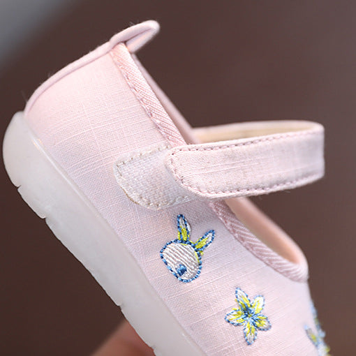 Baby Girl Textile Anti-slip Flats Embroidered Bunnies Cow Shoes Magic Tape BBX - quixoticmuses