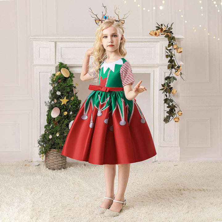 Kids Girls Short Stripe Sleeves Dress Red n Green Big Bowtie Christmas Outfit w Zip - quixoticmuses