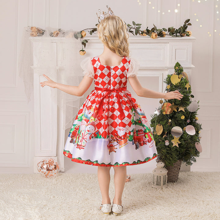 Kids Girls White Puff Sleeves Dress Red Checkers Santa Snowman Santa Sleigh Elk Christmas Outfit w Zip - quixoticmuses