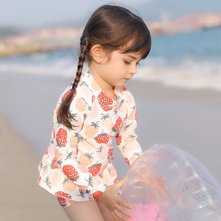 Baby Kids Girl's Strawberry Prints Long Sleeves Two Piece Swimming Suit Top Shorts n Free Cap 907052 - quixoticmuses