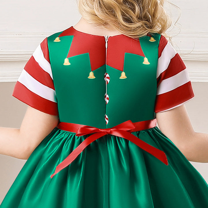 Kids Girls Red Stripe Sleeves Dress Red n Green Big Bowtie Christmas Outfit w Zip - quixoticmuses