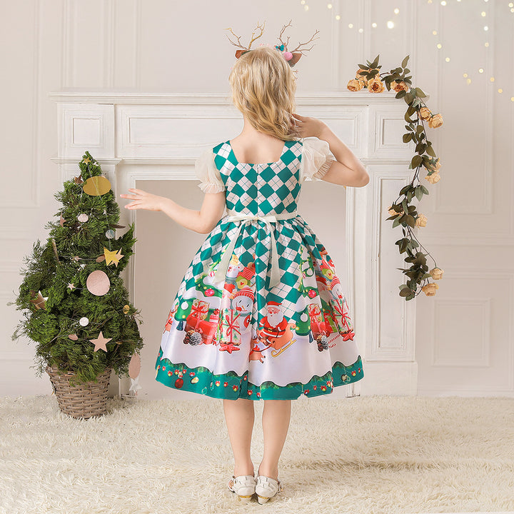 Kids Girls White Puff Sleeves Dress Green Checkers Santa Snowman Santa Sleigh Elk Christmas Outfit w Zip - quixoticmuses