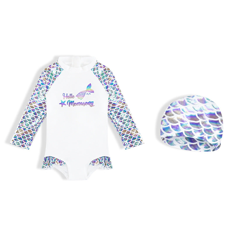 Baby Kids Girl's Mermaid One Piece Long Sleeves Swimming Suit n Free Cap 907060 - quixoticmuses