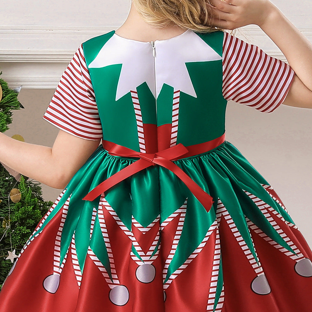 Kids Girls Short Stripe Sleeves Dress Red n Green Big Bowtie Christmas Outfit w Zip - quixoticmuses