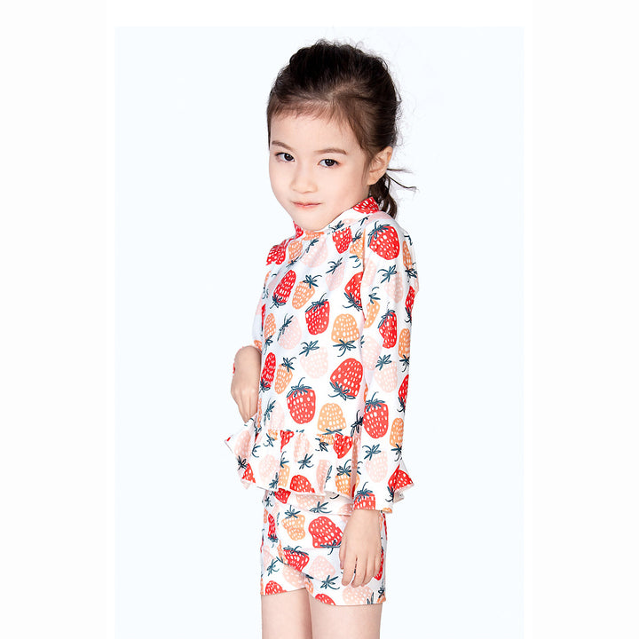 Baby Kids Girl's Strawberry Prints Long Sleeves Two Piece Swimming Suit Top Shorts n Free Cap 907052 - quixoticmuses