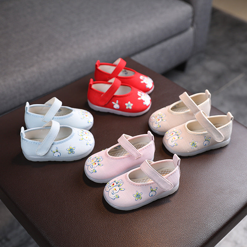 Baby Girl Textile Anti-slip Flats Embroidered Bunnies Cow Shoes Magic Tape BBX - quixoticmuses