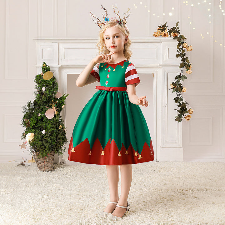 Kids Girls Red Stripe Sleeves Dress Red n Green Big Bowtie Christmas Outfit w Zip - quixoticmuses