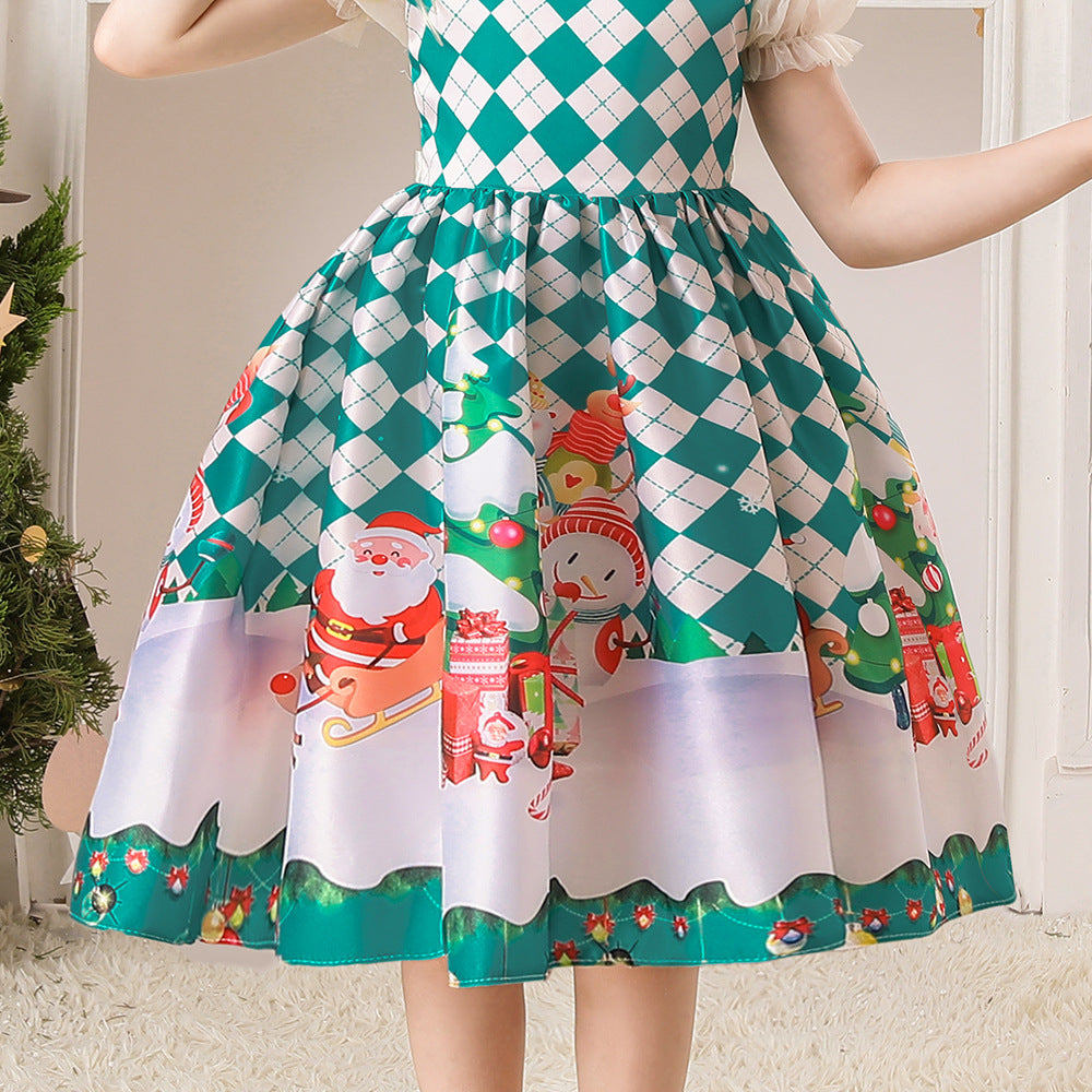 Kids Girls White Puff Sleeves Dress Green Checkers Santa Snowman Santa Sleigh Elk Christmas Outfit w Zip - quixoticmuses