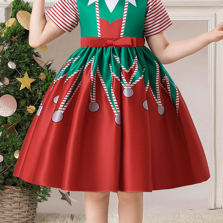 Kids Girls Short Stripe Sleeves Dress Red n Green Big Bowtie Christmas Outfit w Zip - quixoticmuses