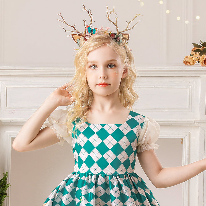 Kids Girls White Puff Sleeves Dress Green Checkers Santa Snowman Santa Sleigh Elk Christmas Outfit w Zip - quixoticmuses