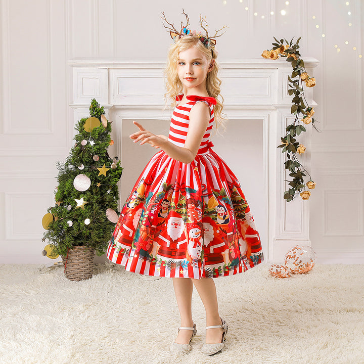 Kids Girls Sleeveless Shoulder Bowtie Red Stripes Penguin Snowman Ginger Bread Man Christmas Outfit w Zip - quixoticmuses