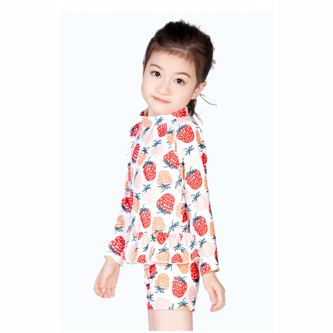 Baby Kids Girl's Strawberry Prints Long Sleeves Two Piece Swimming Suit Top Shorts n Free Cap 907052 - quixoticmuses