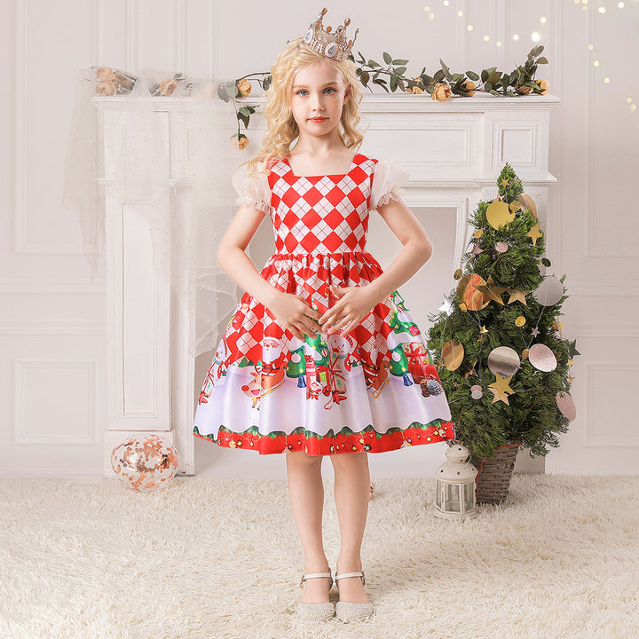 Kids Girls White Puff Sleeves Dress Red Checkers Santa Snowman Santa Sleigh Elk Christmas Outfit w Zip - quixoticmuses