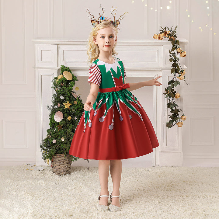 Kids Girls Short Stripe Sleeves Dress Red n Green Big Bowtie Christmas Outfit w Zip - quixoticmuses