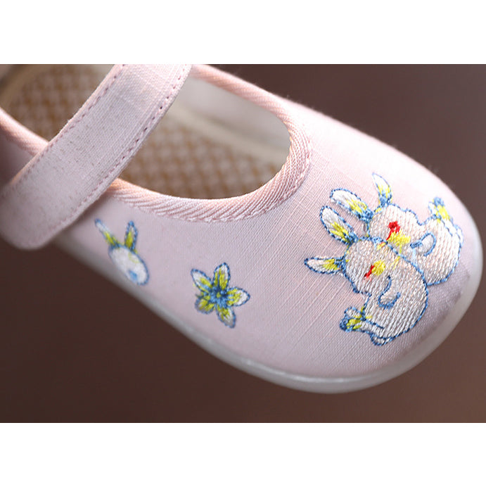 Baby Girl Textile Anti-slip Flats Embroidered Bunnies Cow Shoes Magic Tape BBX - quixoticmuses