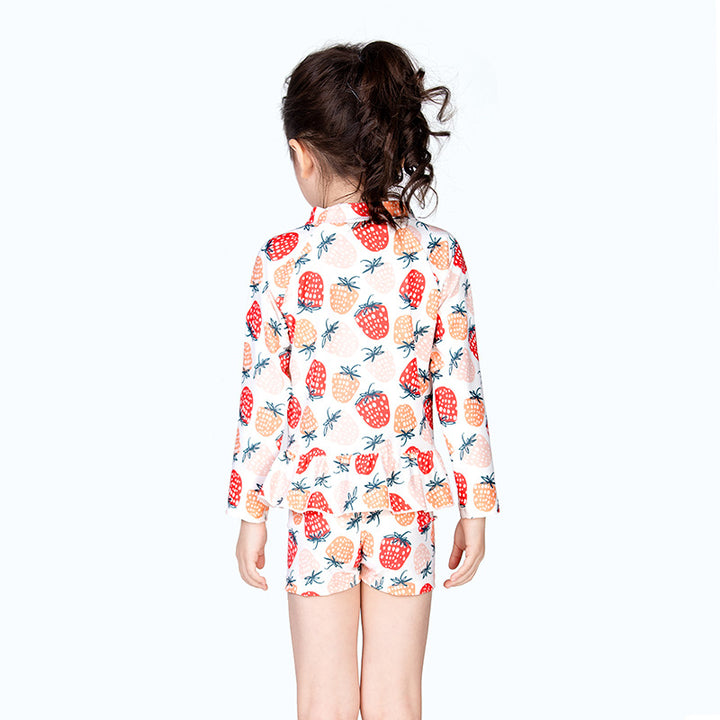 Baby Kids Girl's Strawberry Prints Long Sleeves Two Piece Swimming Suit Top Shorts n Free Cap 907052 - quixoticmuses