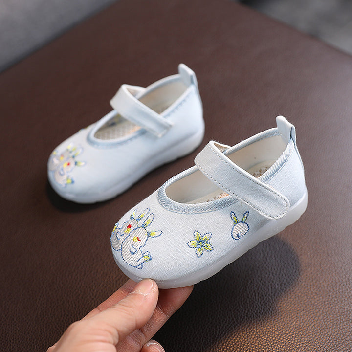 Baby Girl Textile Anti-slip Flats Embroidered Bunnies Cow Shoes Magic Tape BBX - quixoticmuses