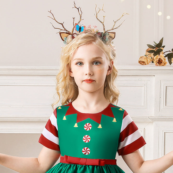 Kids Girls Red Stripe Sleeves Dress Red n Green Big Bowtie Christmas Outfit w Zip - quixoticmuses