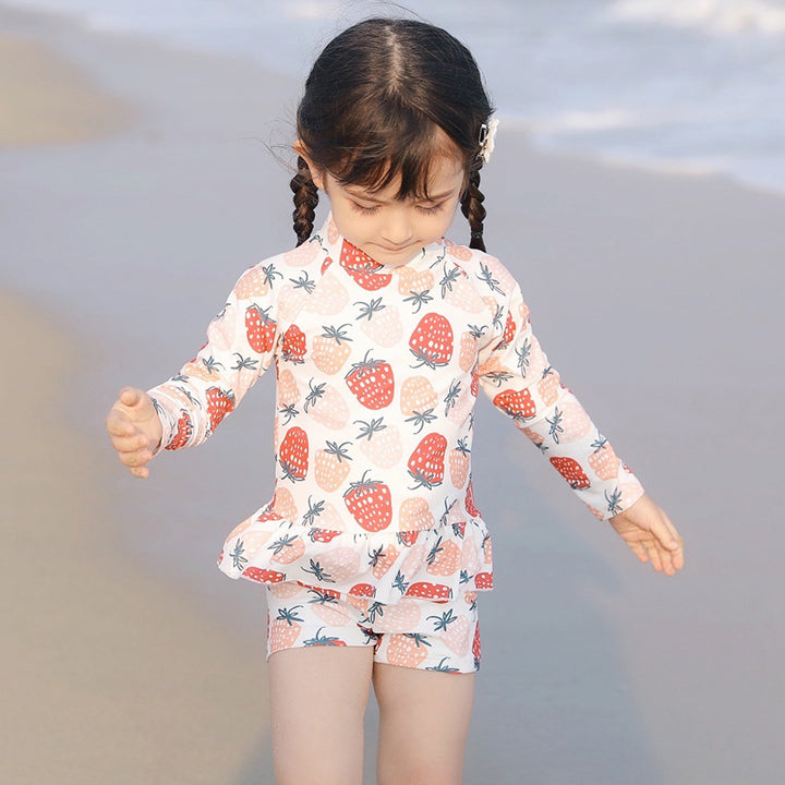 Baby Kids Girl's Strawberry Prints Long Sleeves Two Piece Swimming Suit Top Shorts n Free Cap 907052 - quixoticmuses