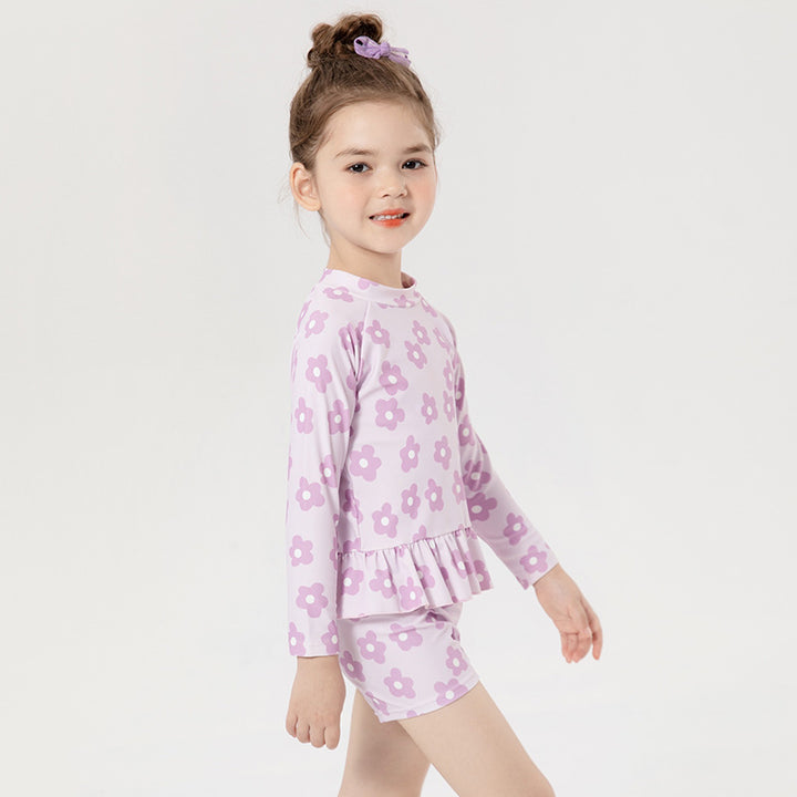 Baby Kids Girl's Purple Flower Prints Long Sleeves Two Piece Swimming Suit Top Shorts n Free Cap 907143 - quixoticmuses