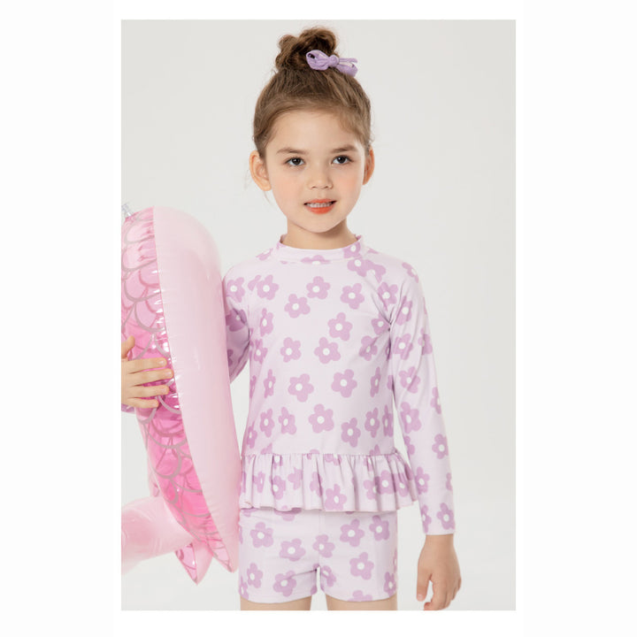 Baby Kids Girl's Purple Flower Prints Long Sleeves Two Piece Swimming Suit Top Shorts n Free Cap 907143 - quixoticmuses