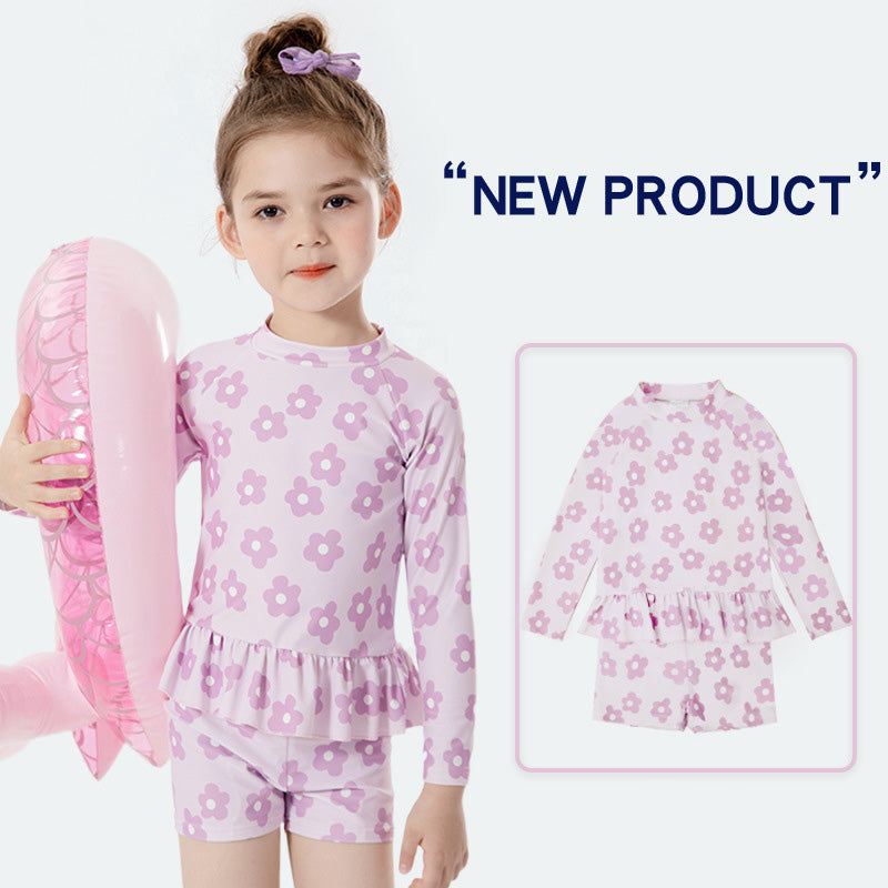 Baby Kids Girl's Purple Flower Prints Long Sleeves Two Piece Swimming Suit Top Shorts n Free Cap 907143 - quixoticmuses