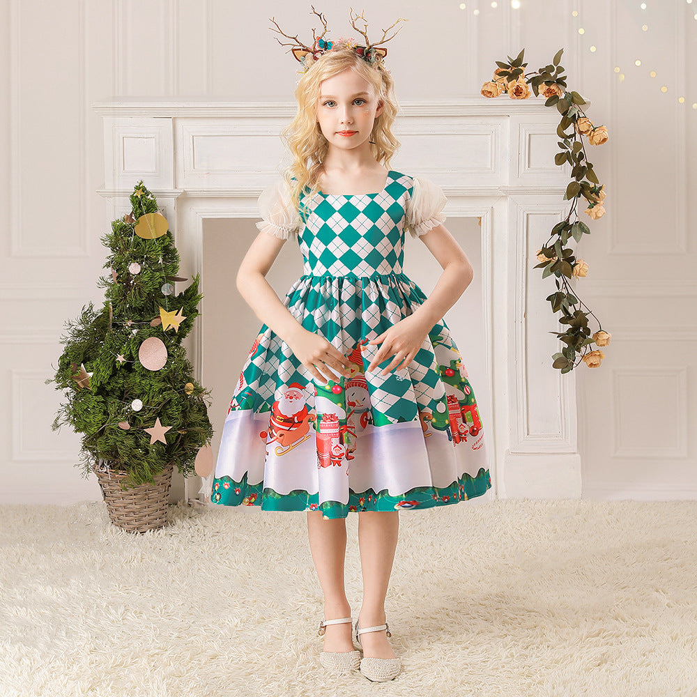 Kids Girls White Puff Sleeves Dress Green Checkers Santa Snowman Santa Sleigh Elk Christmas Outfit w Zip - quixoticmuses