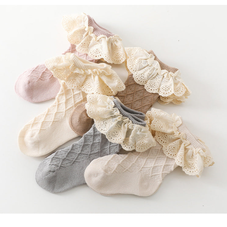 Baby Kids Girl Lace Brim Waffle Ankle Socks - quixoticmuses