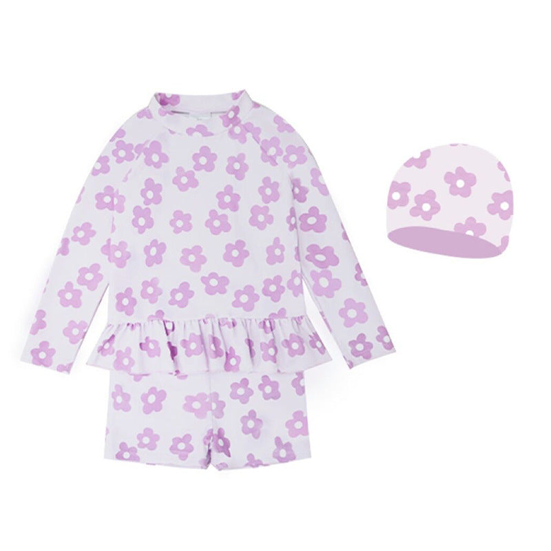 Baby Kids Girl's Purple Flower Prints Long Sleeves Two Piece Swimming Suit Top Shorts n Free Cap 907143 - quixoticmuses