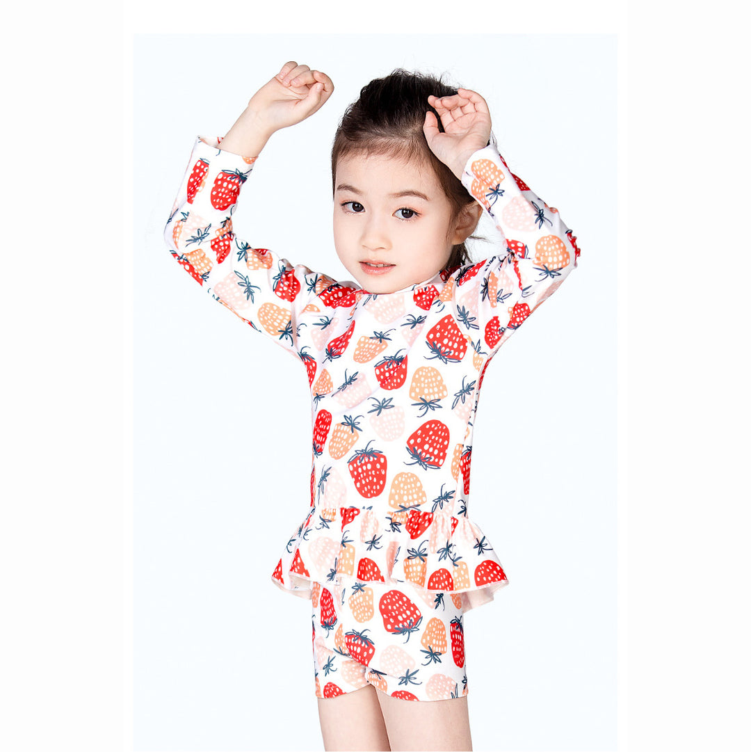 Baby Kids Girl's Strawberry Prints Long Sleeves Two Piece Swimming Suit Top Shorts n Free Cap 907052 - quixoticmuses