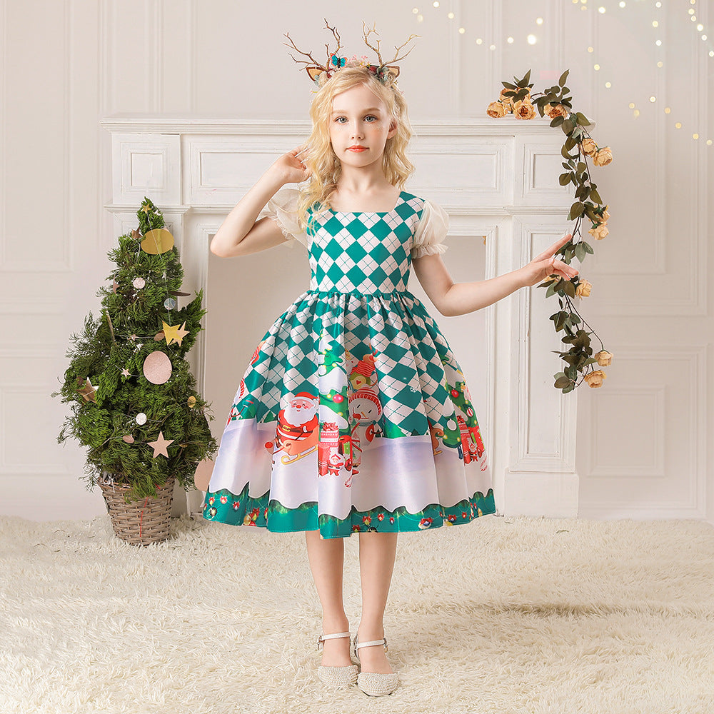 Kids Girls White Puff Sleeves Dress Green Checkers Santa Snowman Santa Sleigh Elk Christmas Outfit w Zip - quixoticmuses