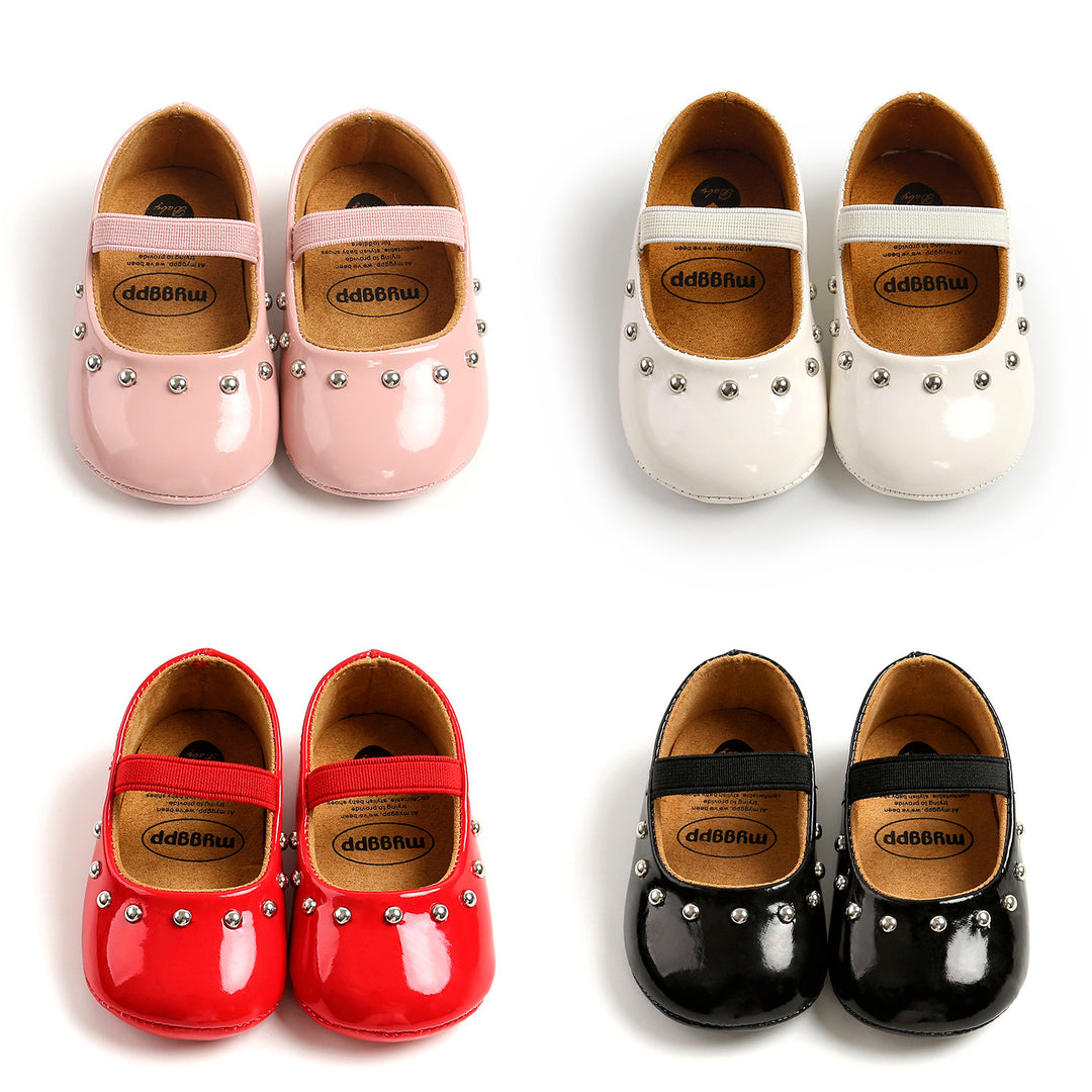 Baby Girl Patent PU Leather Magic Tape Rivets Shoes Anti-slip Flats - quixoticmuses