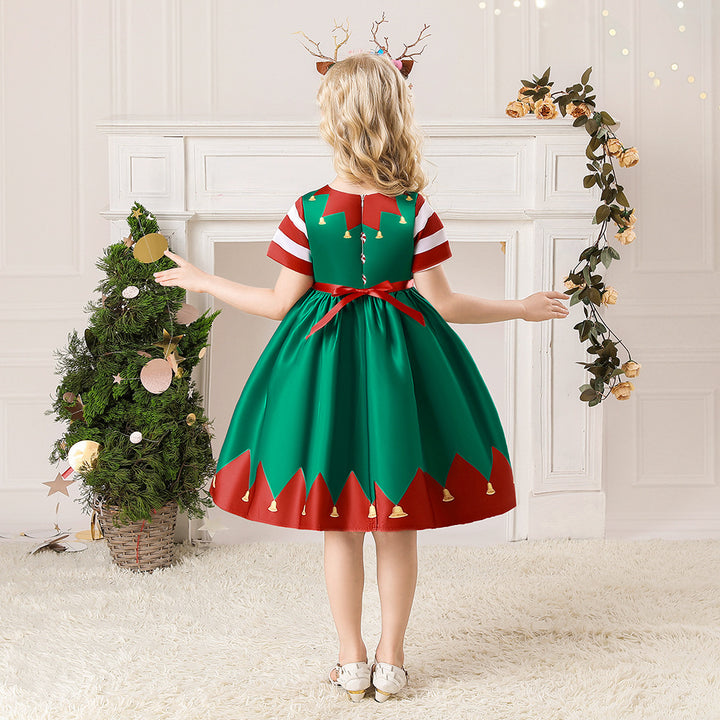 Kids Girls Red Stripe Sleeves Dress Red n Green Big Bowtie Christmas Outfit w Zip - quixoticmuses