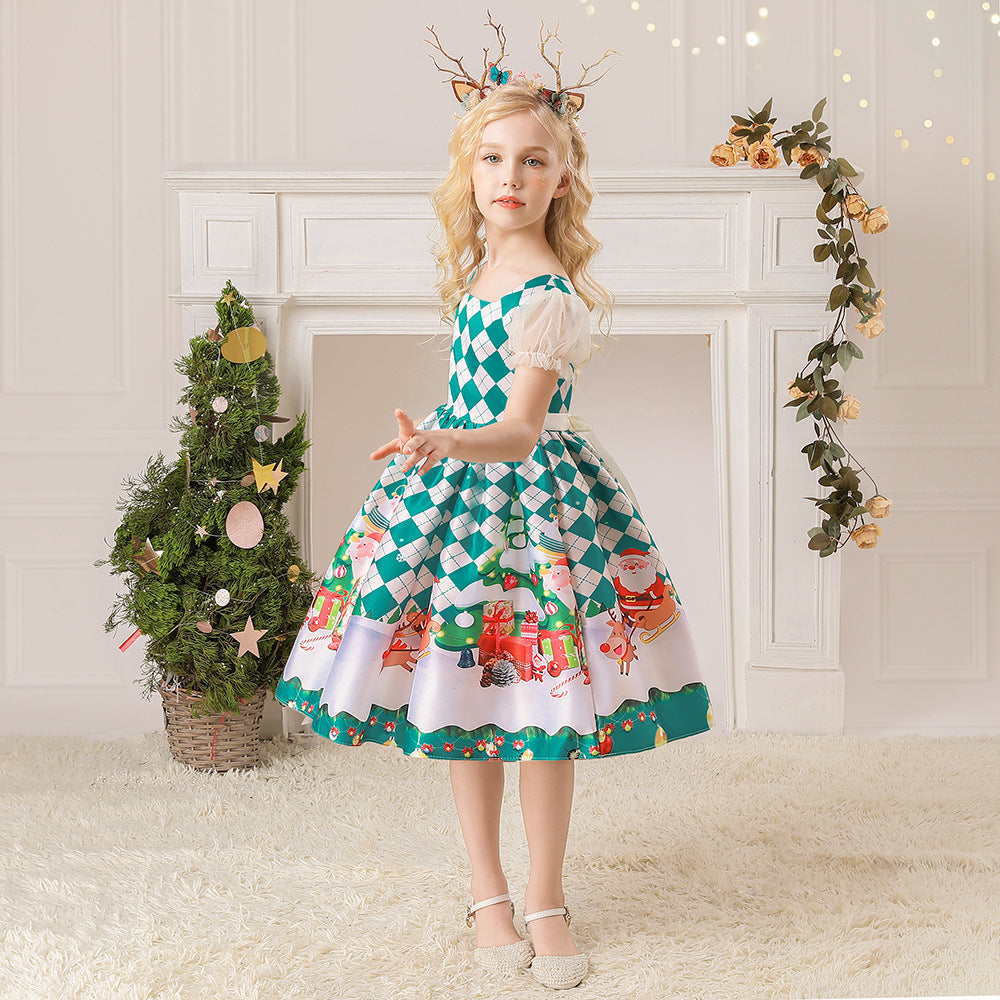 Kids Girls White Puff Sleeves Dress Green Checkers Santa Snowman Santa Sleigh Elk Christmas Outfit w Zip - quixoticmuses