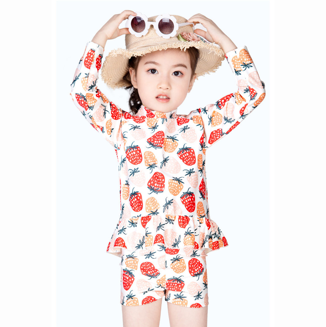 Baby Kids Girl's Strawberry Prints Long Sleeves Two Piece Swimming Suit Top Shorts n Free Cap 907052 - quixoticmuses