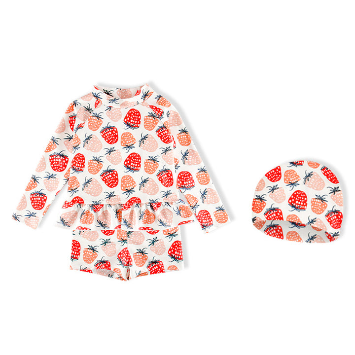 Baby Kids Girl's Strawberry Prints Long Sleeves Two Piece Swimming Suit Top Shorts n Free Cap 907052 - quixoticmuses