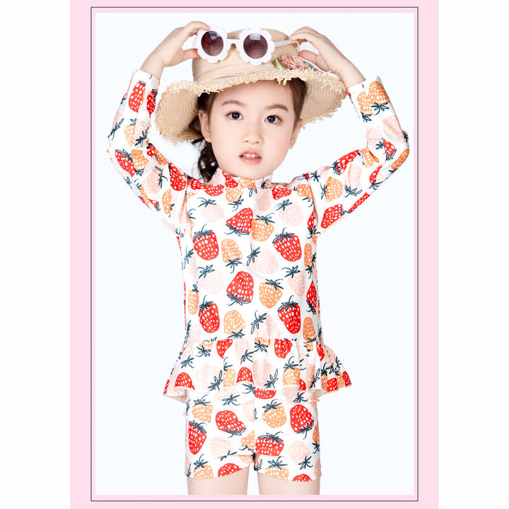 Baby Kids Girl's Strawberry Prints Long Sleeves Two Piece Swimming Suit Top Shorts n Free Cap 907052 - quixoticmuses